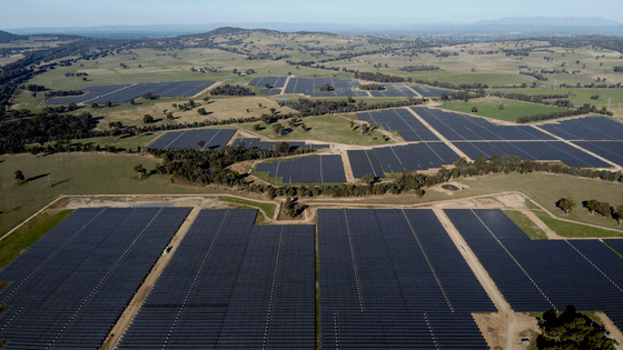 Aerial view of solar panels at Glenrowan Solar Farm