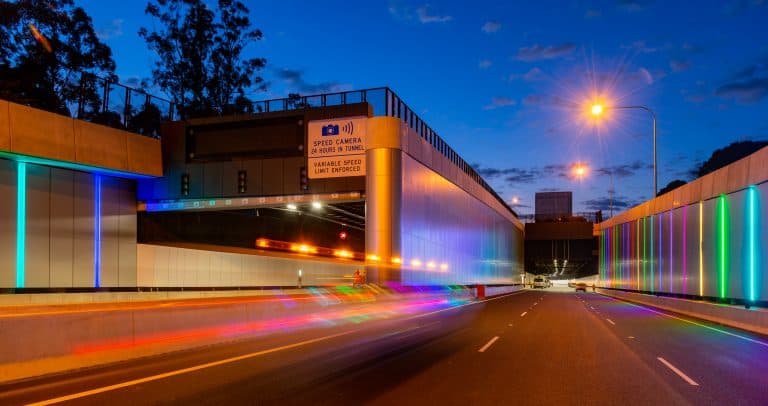 WestConnex motorway tunnel entrance at dusk